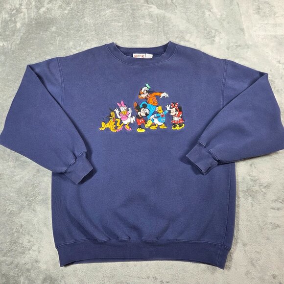 Vtg Disney Sweatshirt Mens M Blue Embroidered Goofy Mickey Minnie Pluto 90s - Picture 2 of 8